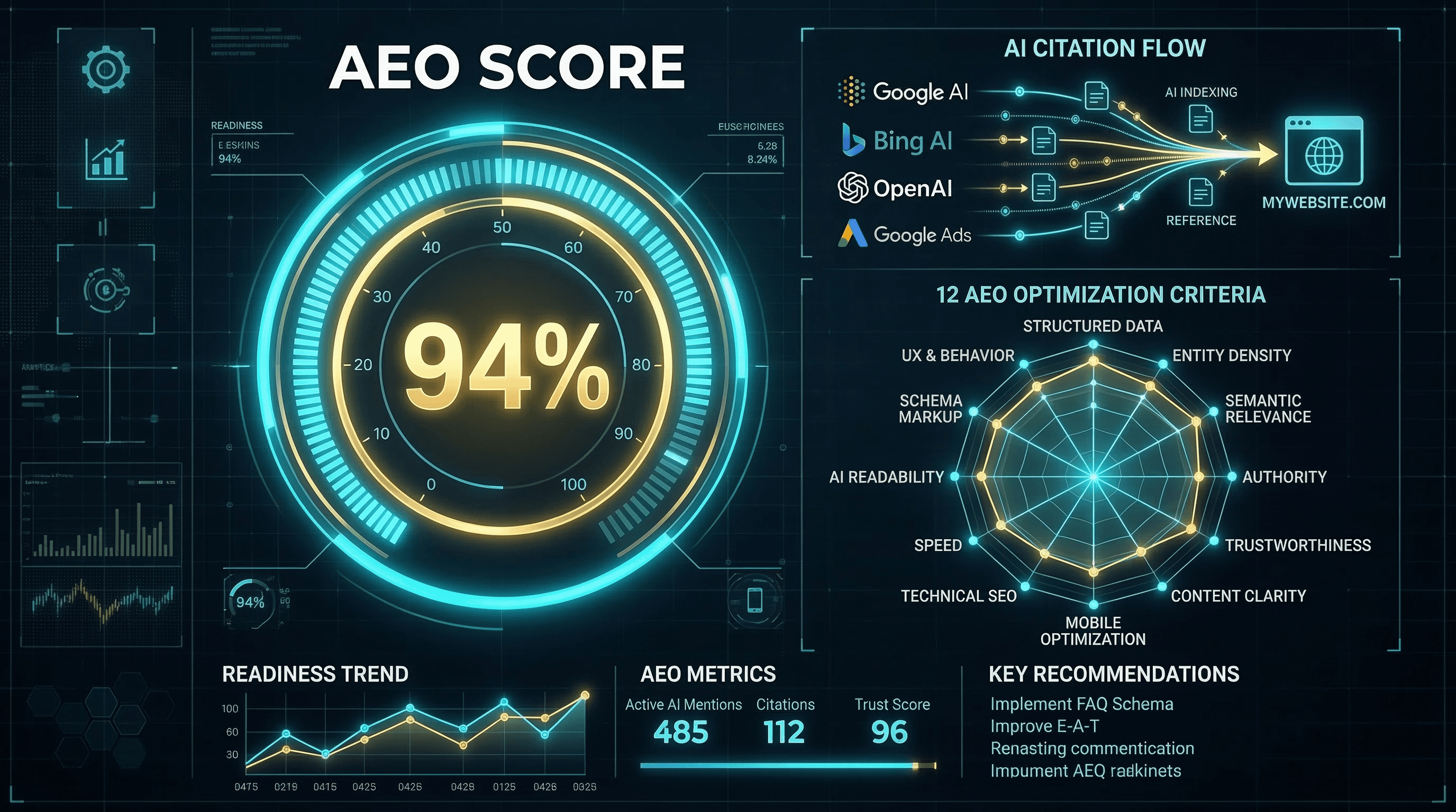 AEO Readiness Score — 12-criteria AI citation readiness dashboard