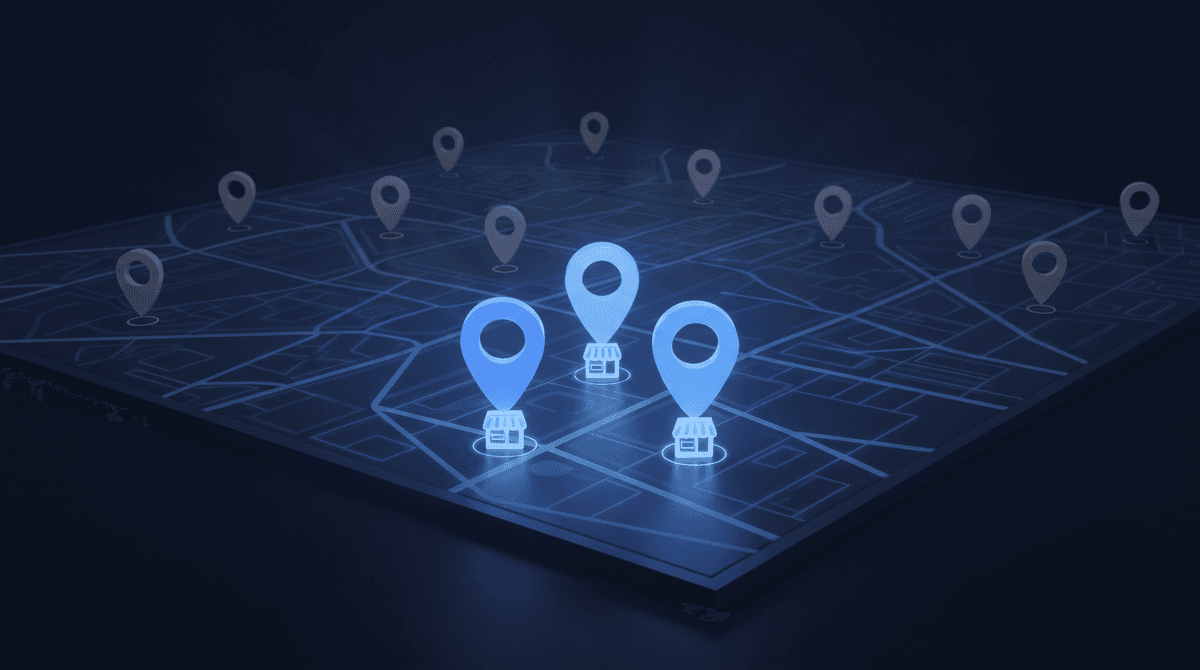 Google Maps Local 3-Pack shown across multiple franchise locations, representing multi-location local search visibility