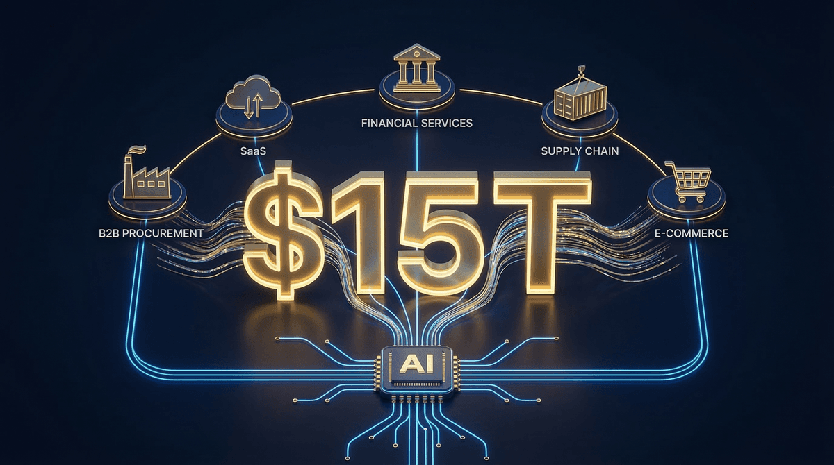 The $15 trillion agentic commerce market breakdown showing money flows across B2B procurement, SaaS, financial services, and supply chain in 2026
