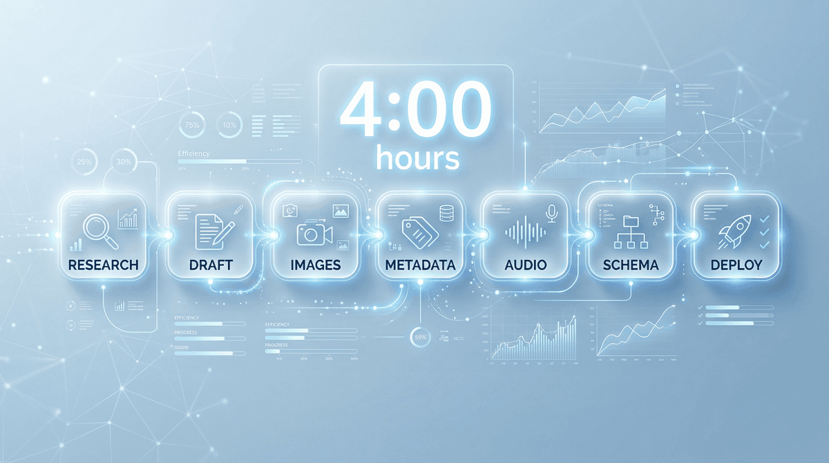 AI content pipeline from research to publish in 4 hours — 7-stage workflow diagram
