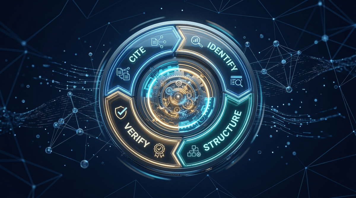 The authority flywheel cycle for AI agent citation dominance — 3D flywheel with Identify, Structure, Verify, Cite segments