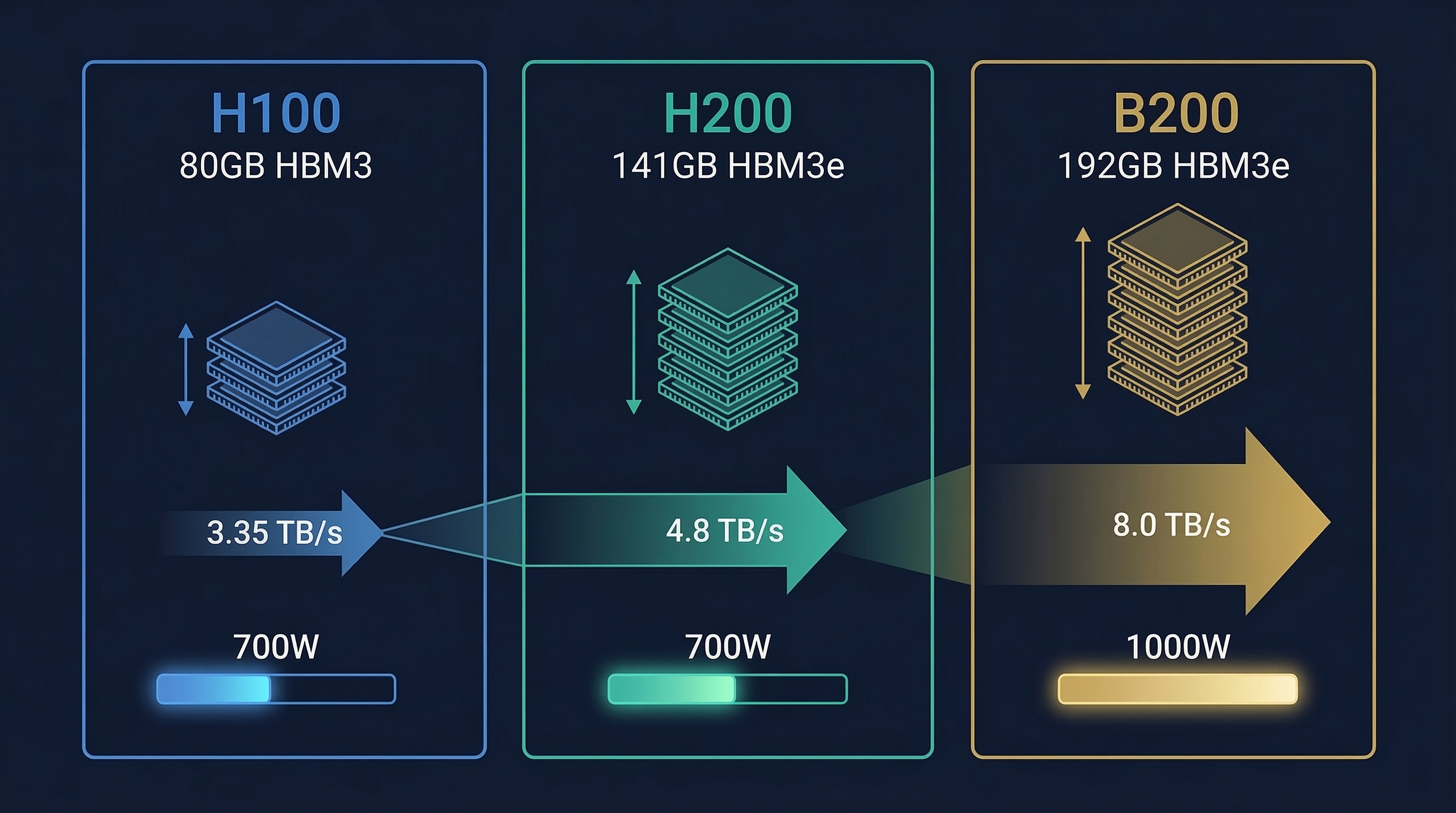 GPU comparison visualization: H100 vs H200 vs B200 specifications and performance