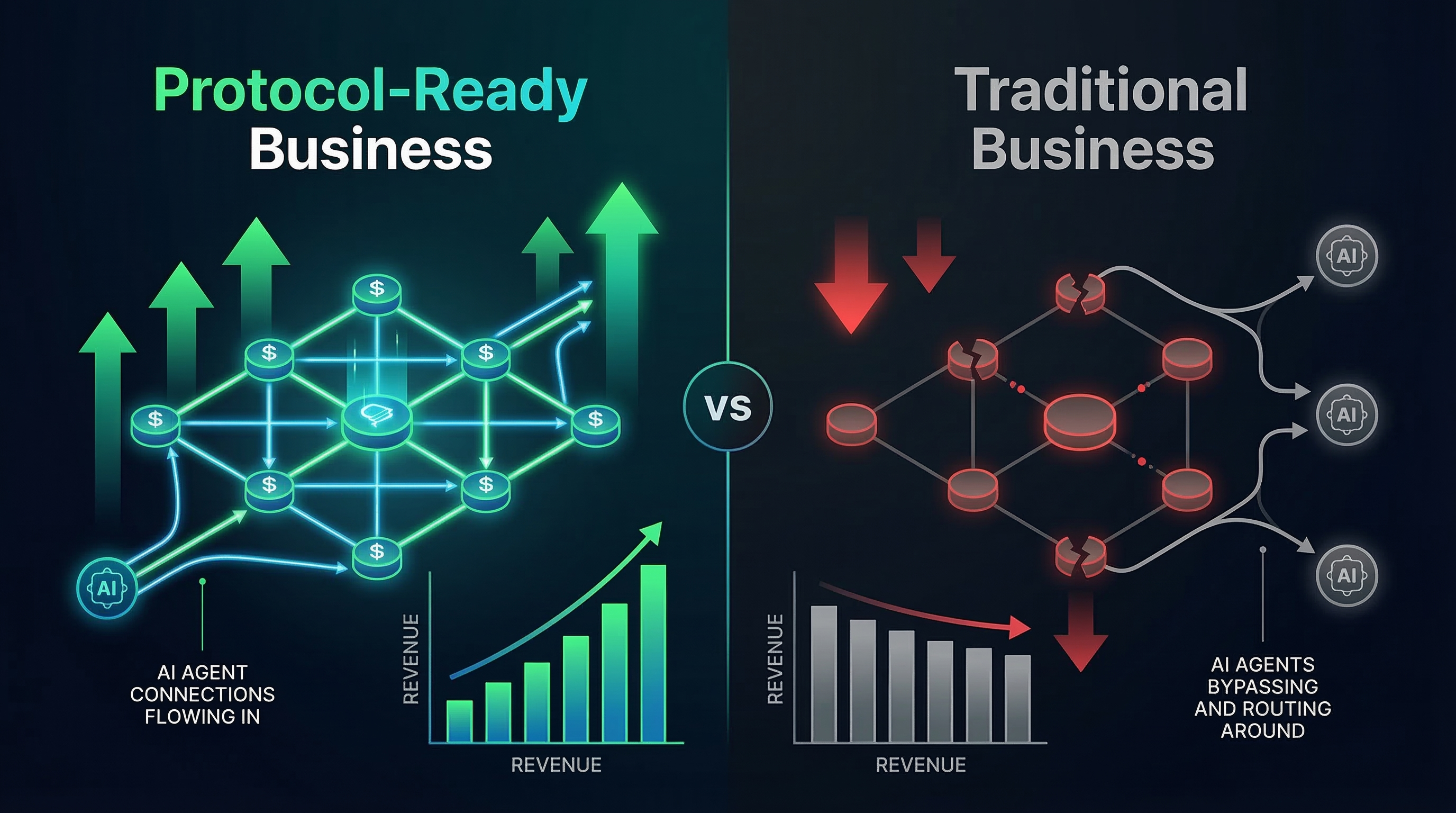 Value capture comparison: protocol-ready businesses versus traditional marketplace intermediaries in the agentic commerce stack